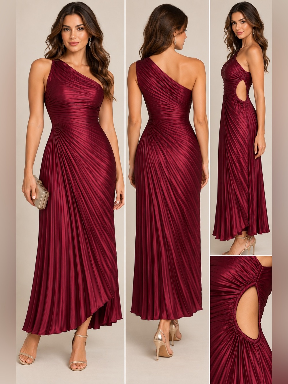 New Fashion Burgundy One Shoulder Pleated Cutout Maxi Dress Size 6